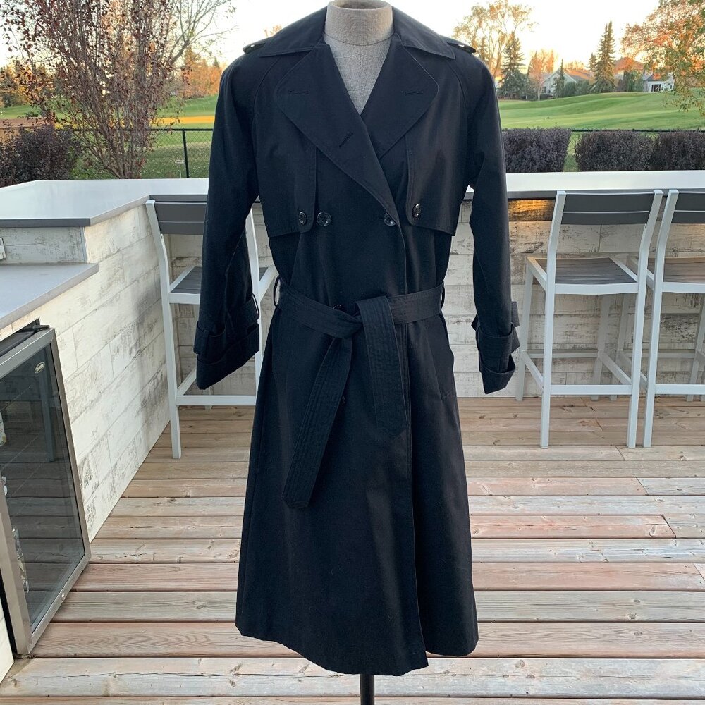 Vintage 90s Black Double Breasted Belted Long Trench Coat Overcoat